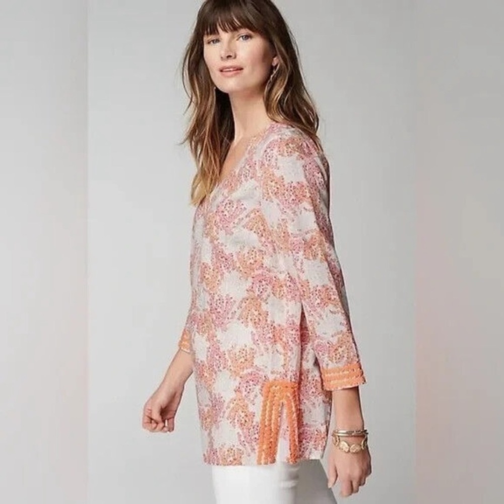 𪸠J. Jill sz.S Orangeâ Multi Linen Blend Coral Reef Print Tunic Top Blouse - Picture 2 of 16